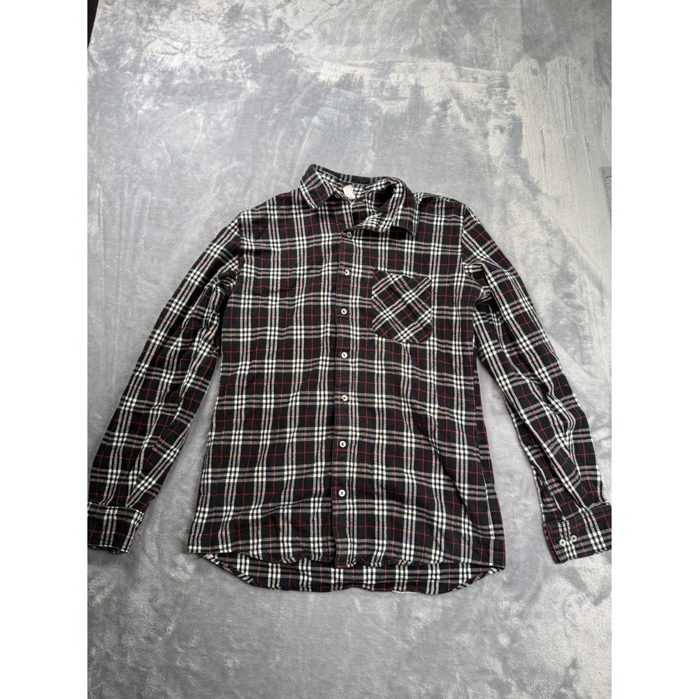 American Apparel Flannel Shirt Mens Medium White Black Plaid Collared Button-Up